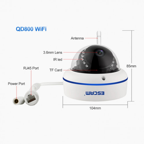 ESCAM Speed ​​QD800WIFI ONVIF HD 1080P 2.0MP P2P Private Cloud Caméra IP WiFi de sécurité étanche, prise en charge de la détection de mouvement / vision nocturne, distance IR: 10 m () SE05EU1974-015