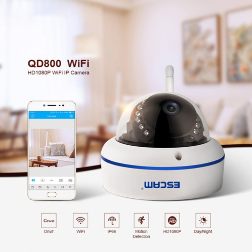 ESCAM Speed ​​QD800WIFI ONVIF HD 1080P 2.0MP P2P Private Cloud Caméra IP WiFi de sécurité étanche, prise en charge de la détection de mouvement / vision nocturne, distance IR: 10 m () SE05EU1974-015