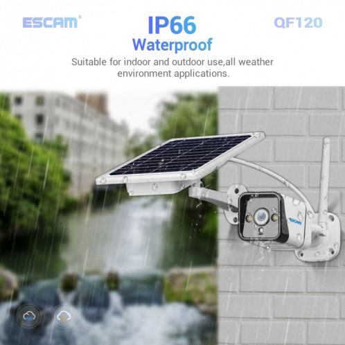 Caméra IP WiFi étanche ESCAM QF120 1080P IP66 avec panneau solaire, prise en charge de la vision nocturne et de la détection de mouvement et audio bidirectionnel et carte TF et contrôle PTZ SE7780150-017