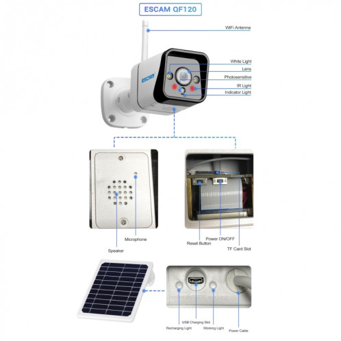 Caméra IP WiFi étanche ESCAM QF120 1080P IP66 avec panneau solaire, prise en charge de la vision nocturne et de la détection de mouvement et audio bidirectionnel et carte TF et contrôle PTZ SE7780150-017