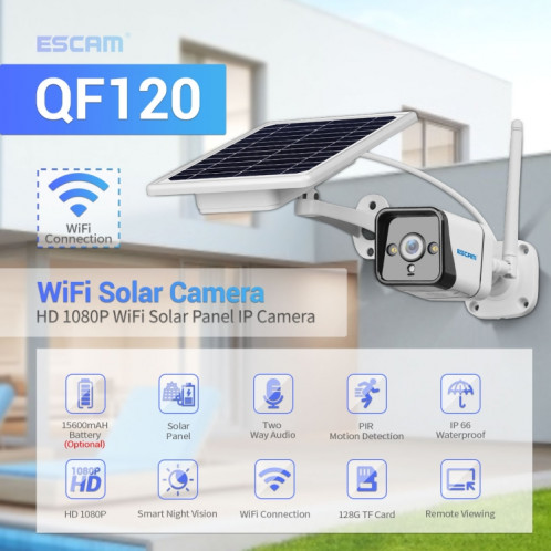 Caméra IP WiFi étanche ESCAM QF120 1080P IP66 avec panneau solaire, prise en charge de la vision nocturne et de la détection de mouvement et audio bidirectionnel et carte TF et contrôle PTZ SE7780150-017