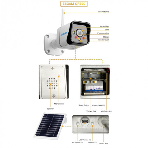 Caméra IP à panneau solaire ESCAM QF320 HD 1080P 4G, prise en charge de la vision nocturne et de la carte TF et de la détection de mouvement PIR et de l'audio bidirectionnel SE77821812-017