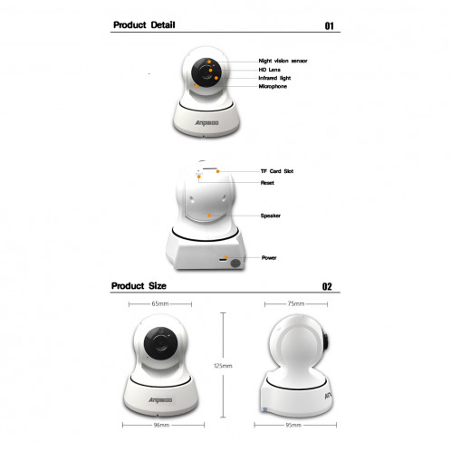 Anpwoo YT002 Ingenic T10 720P HD WiFi caméra IP avec 11 LED infrarouges PCS, détection de mouvement de soutien et vision nocturne et carte TF (max 64 Go) SA80221746-016
