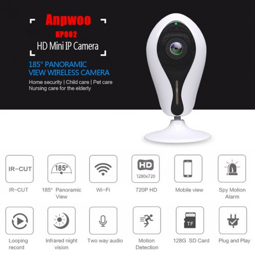 Anpwoo KP002 GM8135 + SC1145 720p HD WiFi Mini caméra IP, détection de mouvement de soutien et vision nocturne infrarouge et carte TF (128 Go max.) (Blanc) SA791W905-014