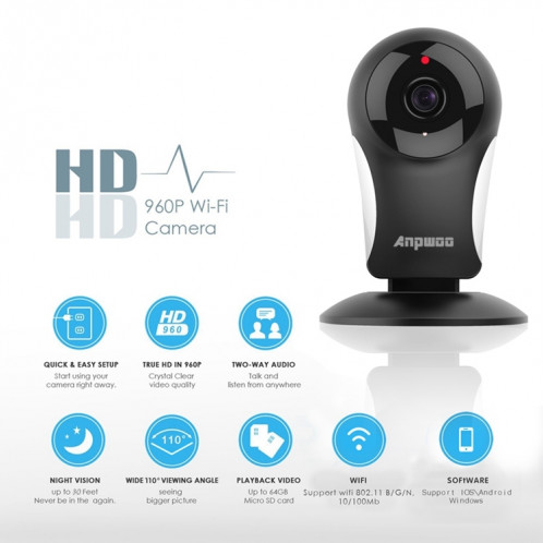 Anpwoo KP003 GM8135 + SC1145 960P HD WiFi Mini caméra IP, prise en charge de la vision nocturne infrarouge et carte TF (max 64 Go) (noir) SA792B1470-017