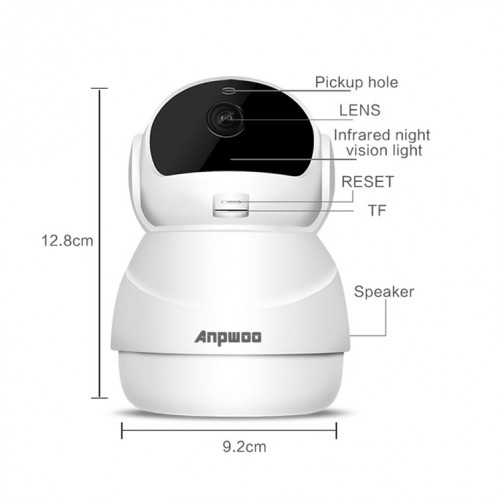 Anpwoo Warrior Caméra IP HD WiFi 1080p GM8135 + SC2145, détection de mouvement de soutien et vision nocturne infrarouge et carte TF (128 Go max.) (Blanc) SA799W1065-013