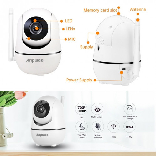 Anpwoo YT008 720P HD WiFi Caméra IP, détection de mouvement de soutien et vision nocturne infrarouge et carte SD (Max 32 Go) (blanc) SA801W648-013