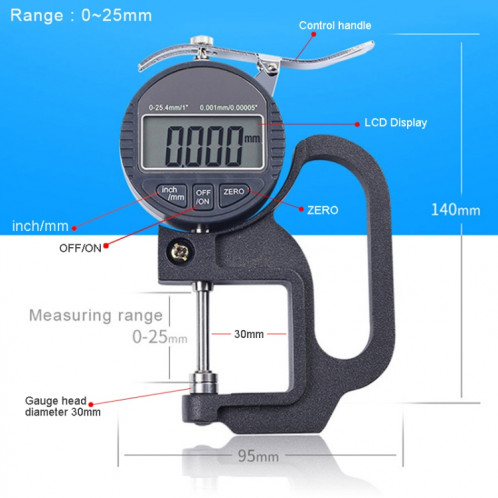 Jauge d'épaisseur de pourcentage d'affichage numérique de sonde de la gamme 30mm de 0-25mm SH31441858-011
