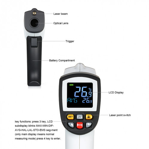 Thermomètre infrarouge à point laser numérique portable GT750, plage de température :-50 à 750 degrés Celsius SH17231158-07