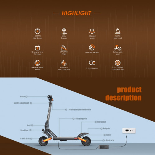  Kukirin G2 Pro 600W Trottinette tout-terrain électrique pliante à trois vitesses avec pneus de 9 pouces et écran LCD (Noir) SK2BEU84-07