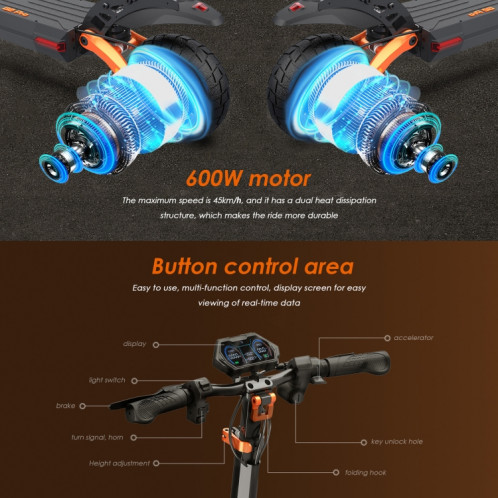  Kukirin G2 Pro 600W Trottinette tout-terrain électrique pliante à trois vitesses avec pneus de 9 pouces et écran LCD (Noir) SK2BEU84-07