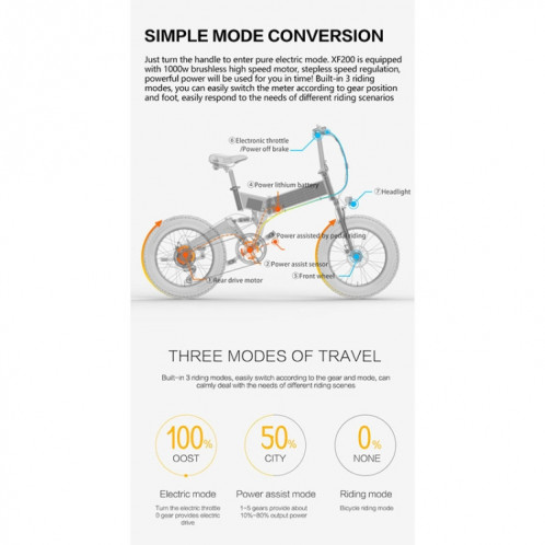  Bézior XF200 48V15AH 1000W Bicycle électrique pliant avec des pneus de 20 pouces, prise EU (gris noir) SB2HEU1217-08