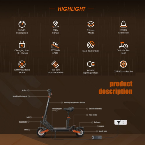 Kukirin G2 Max 1000W 48V 20AH Scooter tout-terrain électrique pliant à trois vitesses avec affichage LED SK4BEU565-08