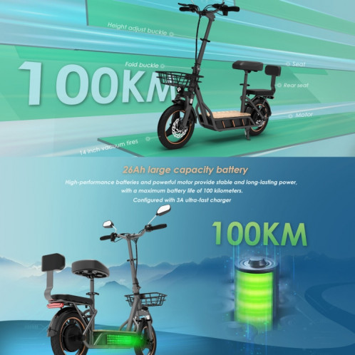  KuKirin C1 Pro 500W 48V 26Ah Scooter tout-terrain électrique avec pneus 14 pouces et siège arrière, SK7BEU1750-010