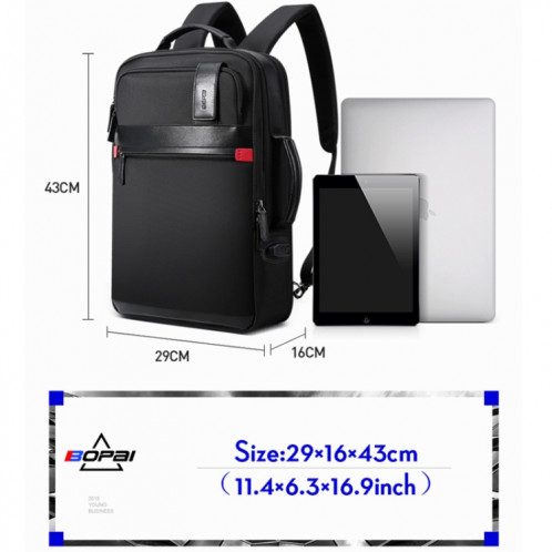 Bopai 751-003151 Sac à dos étanche antivol pour tablette pour ordinateur portable de grande capacité pour 15,6 pouces et moins, port de chargement USB externe (noir) SB575B1848-016