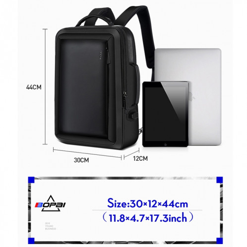 Bopai 751-006551 Sac à dos pour ordinateur portable respirant et décontracté de grande capacité avec interface USB externe, taille: 30 x 12 x 44 cm (noir) SB598B1490-016