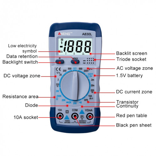 Instrument électrique domestique de multimètre portable ANENG A830L (bleu gris) SA759E799-08