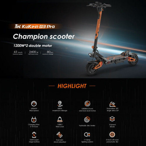  Kukirin G3 Pro Trottinette électrique tout-terrain pliable à trois vitesses avec pneus de 10 pouces 2400 W 52 V 23,4 Ah et écran LED SK1BEU322-018
