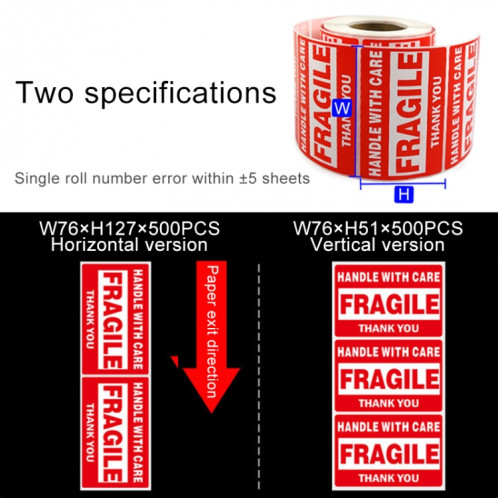 Étiquette fragile d'autocollant d'avertissement anglais de boîte extérieure auto-adhésive de 500 PCS, taille: 76x51mm SH1050182-06