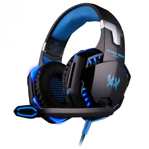 KOTION CHAQUE G2000 Sur-oreille Jeu Gaming Casque Casque Écouteur Bandeau avec Micro Basse Stéréo LED Lumière pour PC Gamer, Longueur du Câble: Environ 2.2m (Bleu + Noir) SK100L380-018