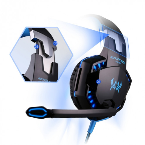 KOTION CHAQUE G2000 Sur-oreille Jeu Gaming Casque Casque Écouteur Bandeau avec Micro Basse Stéréo LED Lumière pour PC Gamer, Longueur du Câble: Environ 2.2m (Bleu + Noir) SK100L380-018