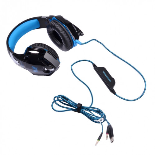 KOTION CHAQUE G2000 Sur-oreille Jeu Gaming Casque Casque Écouteur Bandeau avec Micro Basse Stéréo LED Lumière pour PC Gamer, Longueur du Câble: Environ 2.2m (Bleu + Noir) SK100L380-018
