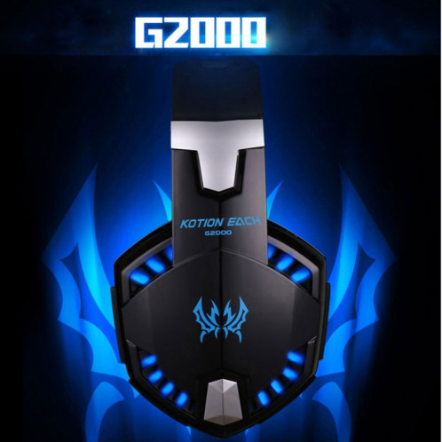 KOTION CHAQUE G2000 Sur-oreille Jeu Gaming Casque Casque Écouteur Bandeau avec Micro Basse Stéréo LED Lumière pour PC Gamer, Longueur du Câble: Environ 2.2m (Bleu + Noir) SK100L380-018