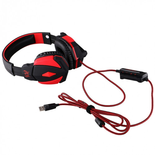KOTION CHAQUE G4000 Version USB Stéréo Gaming Headset Casque Headband avec Microphone Contrôle du Volume LED Lumière pour PC Gamer, Longueur de Câble: Environ 2.2m (Noir + Rouge) SK04BR453-011