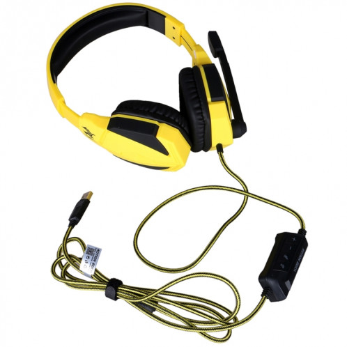 KOTION EACH G4000 Version USB Stéréo Gaming Headset Casque Headband avec Microphone Contrôle du Volume LED Lumière pour PC Gamer, Longueur de Câble: Environ 2.2m (Noir + Jaune) SK04BY1349-011