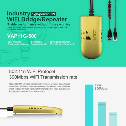 VONETS VAP11G-500 Haute Puissance CPE 20dbm Mini WiFi 300 Mbps Pont WiFi Répéteur Signal Booster, Point À L'extérieur Sans Fil à Point, Aucun Abstacle (Or) SV132J464-011