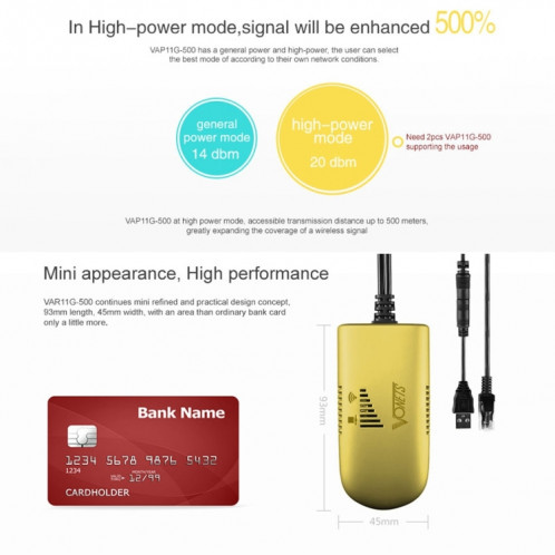 VONETS VAP11G-500 Haute Puissance CPE 20dbm Mini WiFi 300 Mbps Pont WiFi Répéteur Signal Booster, Point À L'extérieur Sans Fil à Point, Aucun Abstacle (Or) SV132J464-011