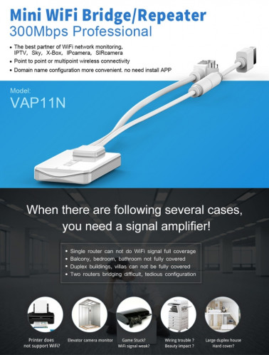 VONETS VAP11N Mini WiFi 300 Mbps Repeater WiFi Bridge, Meilleur Partenaire de Dispositif IP / Caméra IP / Imprimante IP / XBOX / PS3 / IPTV / Skybox (Blanc) SV133W1737-011