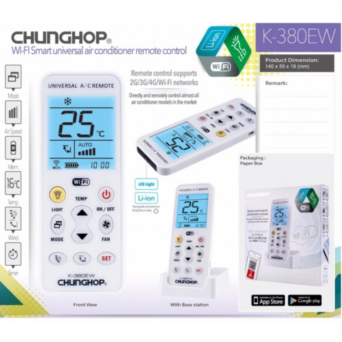 CHUNGHOP K-380EW WiFi télécommande universelle pour climatiseur LCD avec support, prise en charge du réseau 2G / 3G / 4G / WiFi (blanc) SC02001942-013