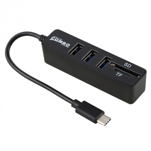 Lecteur de cartes SD et TF 2 en 1 + 3 x ports USB au convertisseur de concentrateur USB-C / Type-C, longueur totale: 24 cm (Noir) SH239B638-06