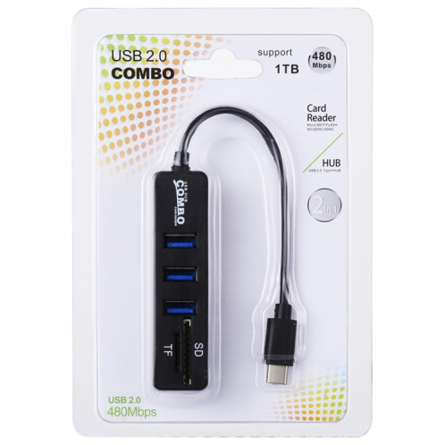Lecteur de cartes SD et TF 2 en 1 + 3 x ports USB au convertisseur de concentrateur USB-C / Type-C, longueur totale: 24 cm (Noir) SH239B638-06