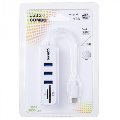 Lecteur de cartes SD et TF 2 en 1 + 3 x ports USB pour convertisseur de concentrateur USB-C / Type-C, longueur totale: 24 cm (blanc) SH239W1978-06