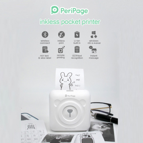 Peripage A6 Imprimante Bluetooth thermique de poche sans encre portable (Blanc) SH315W1251-013