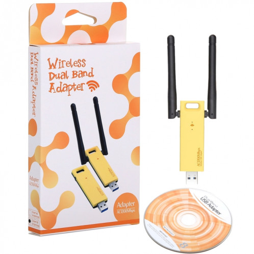 Adaptateur WiFi USB double bande AC1200Mbps 2,4 GHz et 5 GHz double carte réseau externe avec 2 antennes externes (jaune) SH329Y634-07