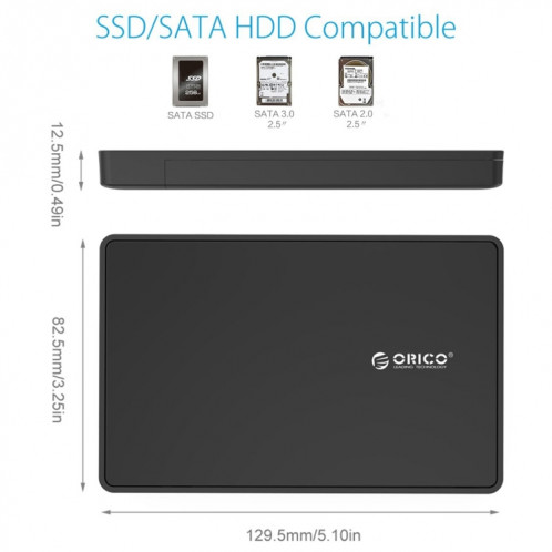 ORICO 2588US3 Boîtier de stockage pour disque dur externe USB3.0 pour PC portable SATA 2,5 pouces SATA HDD / SSD de 9,5 mm (Noir) SO533B1780-09
