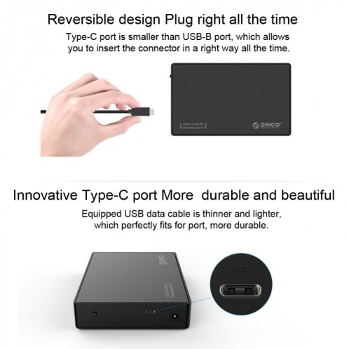 ORICO 3588C3 SATA 3.0 vers USB-C / Type-C 2.5 / 3.5 pouces SSD / SATA Disque dur Support de stockage UASP Protocole (Noir) SO536B695-010