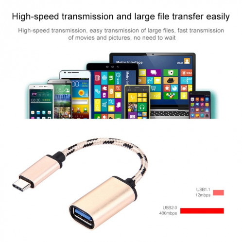 Câble de données USB-C / Type-C mâle à USB 2.0 femelle à tête métallique de style tissé de 15 cm, Câble de données USB-C / Type-C mâle vers USB 2.0 femelle de 15 cm à tête métallique de style tissé (doré) SH564J571-06
