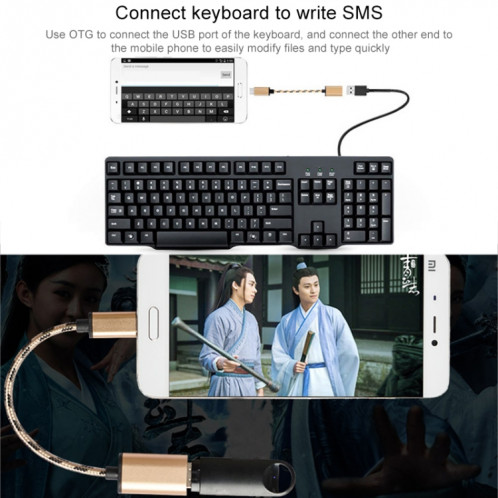 Câble de données USB-C / Type-C mâle à USB 2.0 femelle à tête métallique de style tissé de 15 cm, Câble de données USB-C / Type-C mâle vers USB 2.0 femelle de 15 cm à tête métallique de style tissé (doré) SH564J571-06