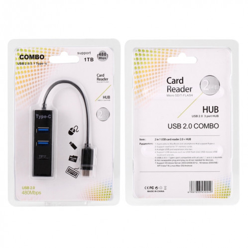 2 en 1 USB 3.1 USB-C / Type-C à USB 2.0 COMBO 3 ports HUB + lecteur de carte TF (noir) SH589B835-07
