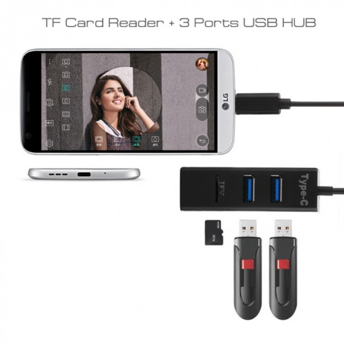 2 en 1 USB 3.1 USB-C / Type-C à USB 2.0 COMBO 3 ports HUB + lecteur de carte TF (noir) SH589B835-07