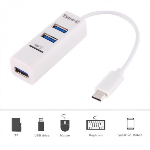 2 en 1 USB-C / Type-C 3.1 à USB 2.0 COMBO 3 ports HUB + lecteur de carte TF (blanc) SH589W822-07
