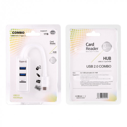 2 en 1 USB-C / Type-C 3.1 à USB 2.0 COMBO 3 ports HUB + lecteur de carte TF (blanc) SH589W822-07