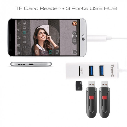 2 en 1 USB-C / Type-C 3.1 à USB 2.0 COMBO 3 ports HUB + lecteur de carte TF (blanc) SH589W822-07