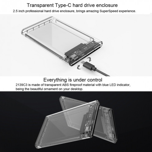 ORICO 2139C3-CR USB3.1 Type C Transparent Disque dur Boîte de stockage externe pour 9.5mm 2.5 pouces SATA HDD / SSD SO06001362-08