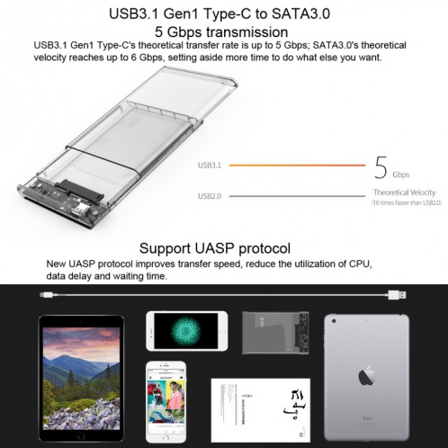 ORICO 2139C3-CR USB3.1 Type C Transparent Disque dur Boîte de stockage externe pour 9.5mm 2.5 pouces SATA HDD / SSD SO06001362-08