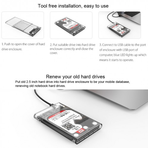 ORICO 2139C3-CR USB3.1 Type C Transparent Disque dur Boîte de stockage externe pour 9.5mm 2.5 pouces SATA HDD / SSD SO06001362-08